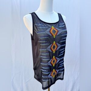 Weavers Black Sheer Tank Top with Colorful Embroidery